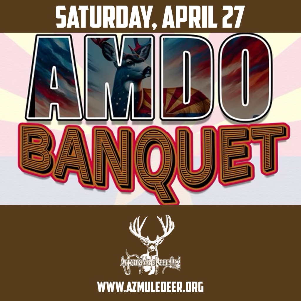 Event poster for the Amdo Banquet scheduled for Saturday, April 27, featured on the Events Page, with an image of a mule deer, hosted by the Arizona Mule Deer Organization