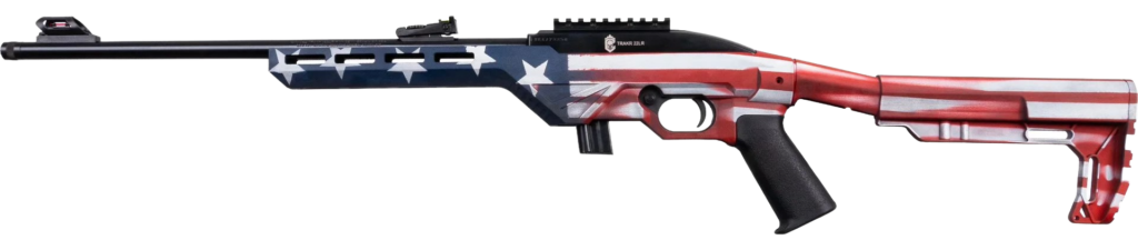 A rifle with an American flag design on its body, featuring a long barrel and black grip, perfect for the Home Page showcase.
