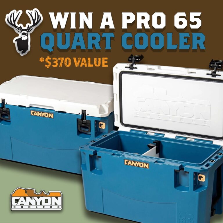 Image of two Canyon Coolers with an open lid and text that reads "Win a Pro 65 Quart Canyon Cooler, $370 Value." The Canyon Coolers logo is at the bottom left corner. Join the giveaway for your chance to win!