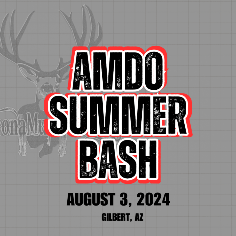 Text on a grid background reads: "AMDO Summer Bash" in bold letters with a red outline, followed by "August 3, 2024" and "Gilbert, AZ." A faint deer head logo is in the background, setting the perfect scene for your summer event's home page.
